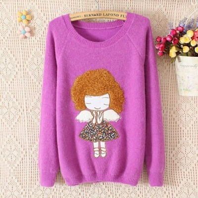 冬季时尚新宠 女式针织衫DZ 13卡通小女孩贴布设计引领百搭潮流